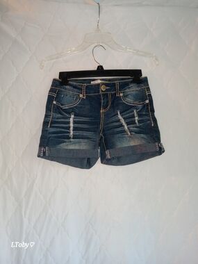 No Boundaries Dark Blue Distressed Roll-Cuff Denim Shorts